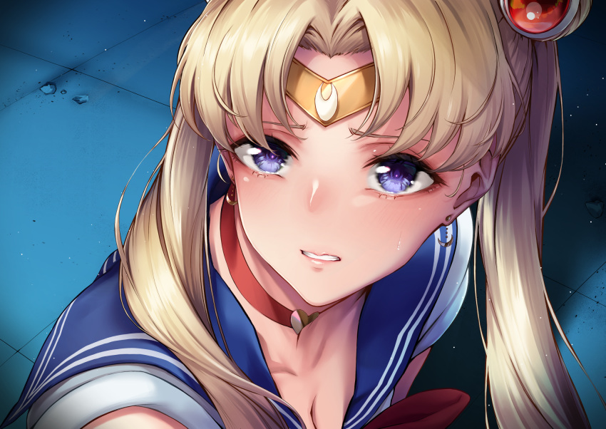 1girl bishoujo_senshi_sailor_moon blonde_hair blue_eyes blue_sailor_collar breasts choker cleavage collarbone commentary_request crescent crescent_earrings derivative_work diadem earrings hair_bun heart heart_choker highres jewelry kurofude_anna long_hair red_choker sailor_collar sailor_moon sailor_moon_redraw_challenge sailor_senshi sailor_senshi_uniform screencap_redraw solo tsukino_usagi twintails upper_body