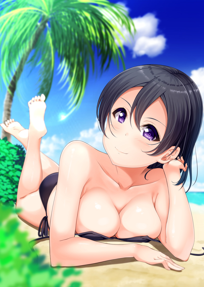 1girl bangs barefoot beach bikini black_bikini black_hair blue_sky blurry breasts cleavage cloud commentary_request depth_of_field highres hino_minato_(spec.c) looking_at_viewer love_live! love_live!_sunshine!! love_live!_sunshine!!_the_school_idol_movie_over_the_rainbow lying medium_breasts on_stomach outdoors palm_tree perspective purple_eyes short_hair sky solo swimsuit tree untied untied_bikini watanabe_tsuki