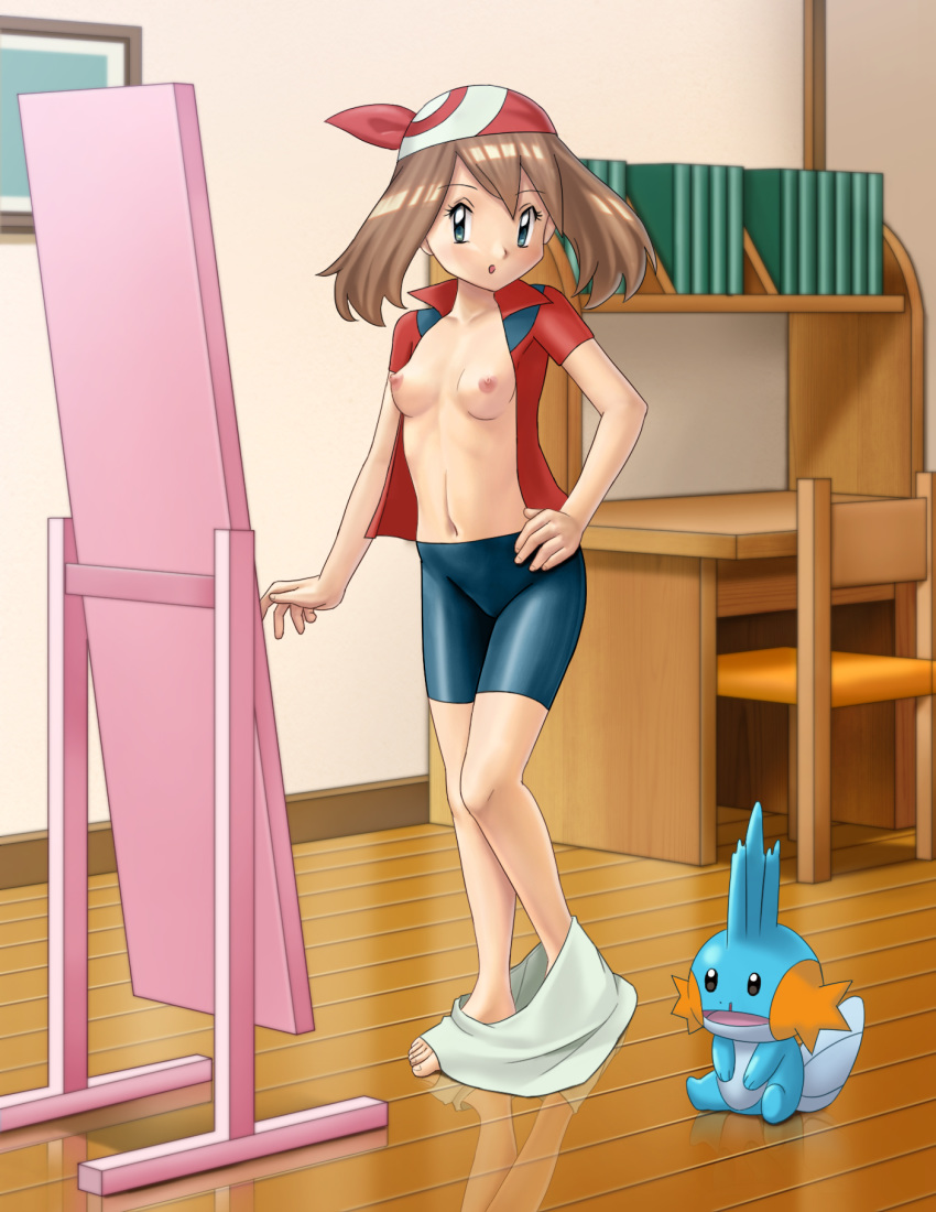 1girl aqua_eyes bandana bangs barefoot bike_shorts black_eyes blood blush book breasts brown_hair chair collarbone commentary_request desk eyebrows_visible_through_hair feet full-length_mirror full_body gen_3_pokemon hand_on_hip haruka_(pokemon) highres indoors kisugizumi light_blush medium_hair miniskirt mirror mudkip navel nipples no_bra nosebleed open_clothes open_mouth open_shirt pencil_skirt pokemon pokemon_(creature) pokemon_(game) pokemon_rse red_headwear red_shirt reflection shiny shiny_clothes shiny_hair shirt short_sleeves sitting skirt skirt_around_ankles small_breasts solo_focus standing stomach white_skirt