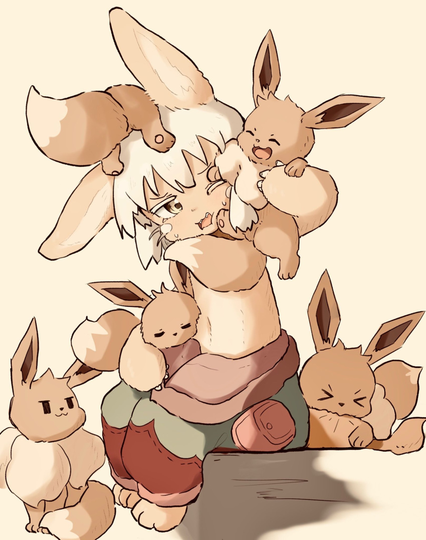 &gt;_&lt; 3_toes :3 ^_^ ambiguous_gender anthro baggy_clothing baggy_pants bite brown_body brown_fur carrying clothed clothing dipstick_tail eevee eyes_closed feral fluffy fur group hair happy head_tuft hi_res kemono lagomorph larger_anthro leporid long_ears looking_at_another made_in_abyss mammal midriff monotone_hair multicolored_body multicolored_fur multicolored_tail nanachi narehate neck_tuft nintendo nom nude on_head open_mouth open_smile pawpads paws pok&eacute;mon pok&eacute;mon_(species) rabbit simple_background sitting size_difference sleeping smaller_feral smile tail_nom tan_background tan_body tan_fur toes tongue topless tsukiya_(rajx3523) tuft two_tone_body two_tone_fur video_games white_hair yellow_eyes