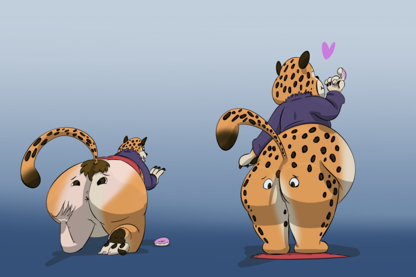 &lt;3 anthro anus benjamin_clawhauser blue_background brown_eyes butt butt_transformation cheetah claws disney doughnut felid feline food human male mammal overweight pawpads purplethecharmander simple_background spots toe_claws transformation what where_is_your_god_now why zootopia