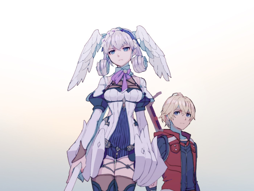 1boy 1girl blonde_hair closed_mouth curly_hair dress hairband head_wings holding lobsterbaby99 melia o-ring red_vest short_dress short_hair shulk silver_hair simple_background vest xenoblade_(series) xenoblade_1 xenoblade_1:_tsunagaru_mirai