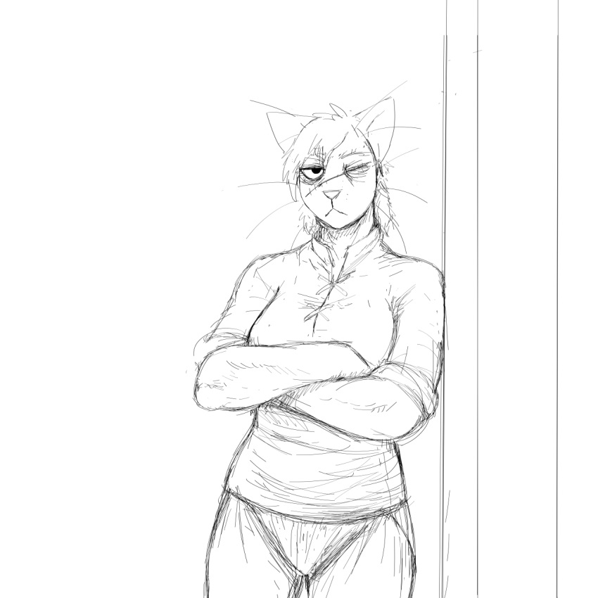 1:1 1_eye anthro black_and_white breasts cat_knight clothed clothing crossed_arms domestic_cat felid feline felis female hair hi_res hladilnik looking_at_viewer mammal monochrome scar shirt simple_background sketch solo standing topwear whiskers white_background