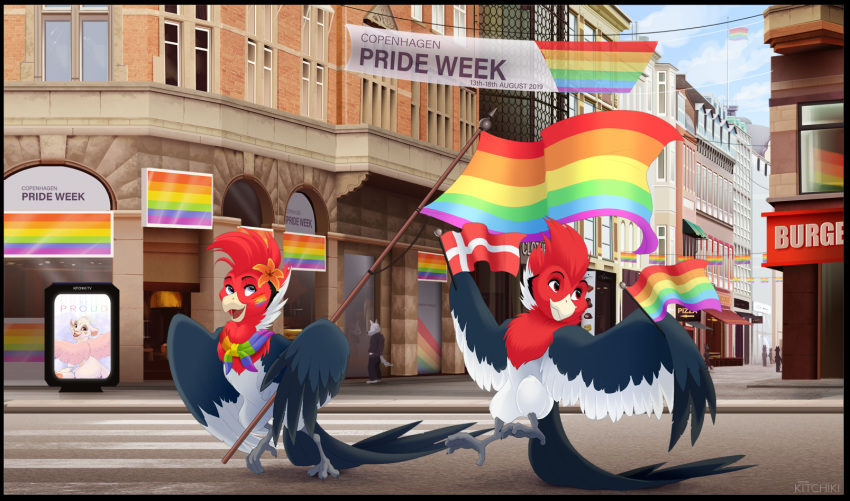 2020 avian beak bird black_body black_border black_feathers border day detailed_background digital_media_(artwork) eyebrows eyelashes feathered_wings feathers hi_res kitchiki lgbt_pride outside pride_(disambiguation) pride_colors sky smile wings