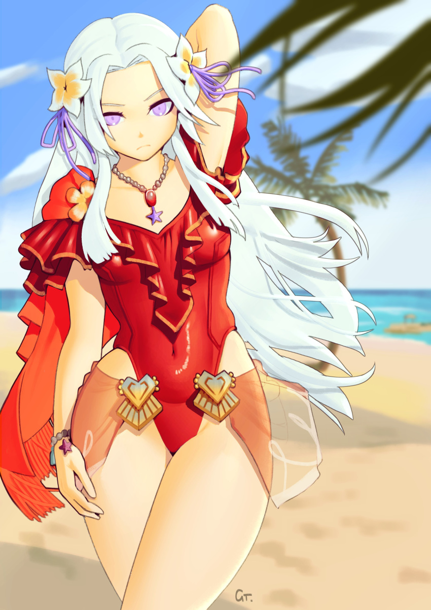 1girl absurdres arm_behind_head beach blue_sky blurry blurry_background breasts closed_mouth cloud commentary covered_navel edelgard_von_hresvelg edelgard_von_hresvelg_(summer) english_commentary feet_out_of_frame fire_emblem fire_emblem:_three_houses fire_emblem_heroes flower frills ghostypaint hair_flower hair_ornament highres horizon jewelry leotard long_hair medium_breasts necklace official_alternate_costume palm_tree purple_eyes red_leotard sky solo standing tree white_hair