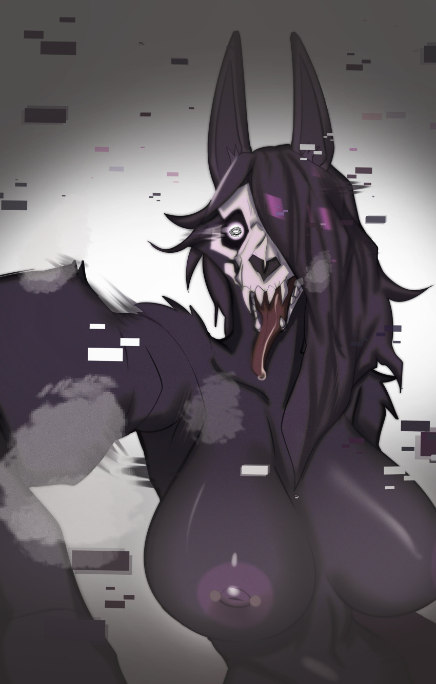 absurd_res anthro big_breasts black_body black_fur black_hair bodily_fluids bone breasts fangs female foreshortening fur glitch hair hair_over_eye hi_res huge_breasts malo nipple_piercing nipples one_eye_obstructed piercing rolling_beast saliva scp-1471-a scp_foundation sharp_teeth skull skull_head solo teeth tongue tongue_out