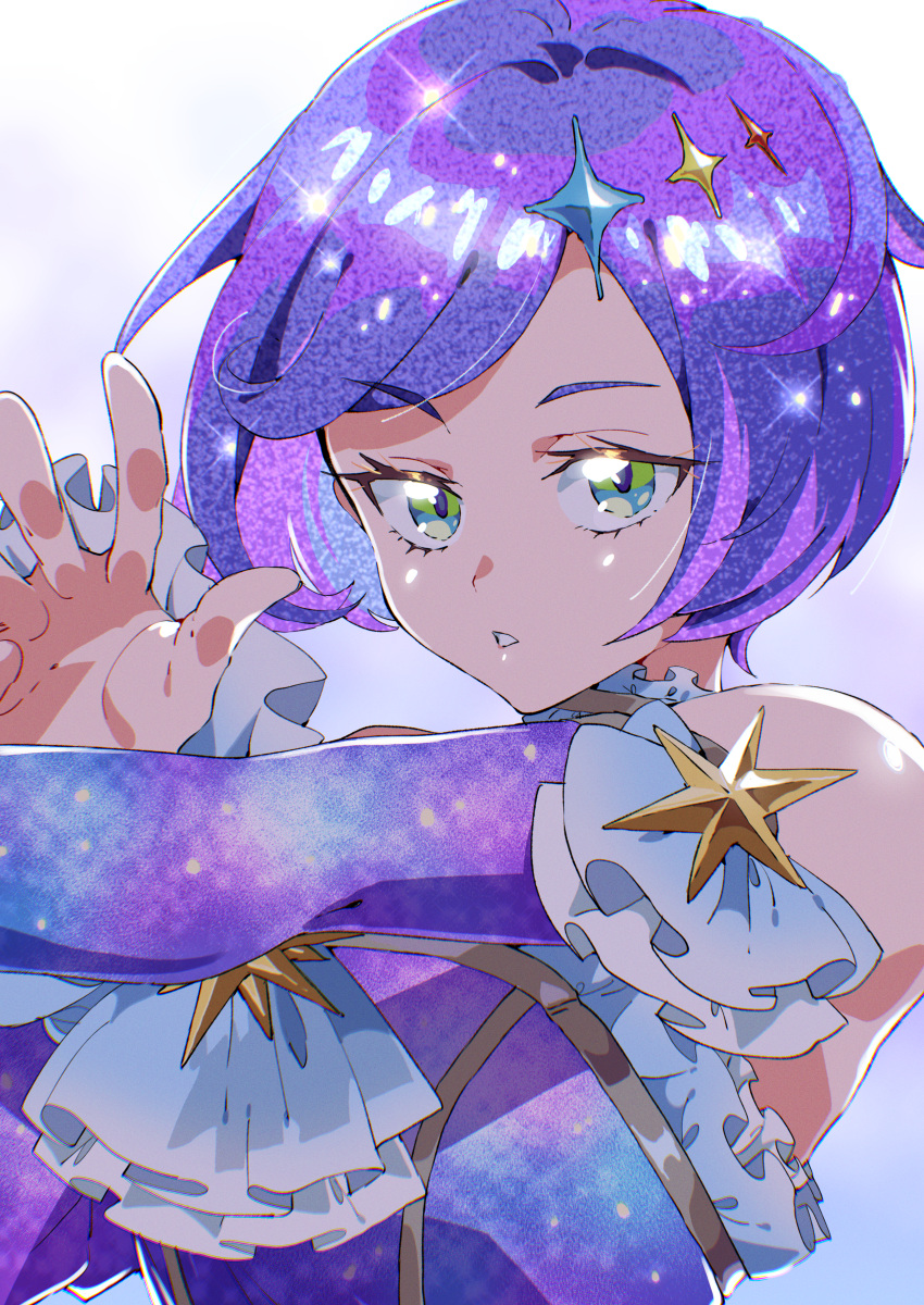 1girl absurdres ascot backlighting bare_shoulders commentary_request elbow_gloves ginga_sadame gloves green_eyes hands_up high_school!_kiratto_pri_chan highres kiratto_pri_chan looking_at_viewer parted_lips pretty_series purple_gloves purple_hair short_hair simple_background solo space_print sparkle sparkle_hair_ornament starry_sky_print tsujii_ruki upper_body white_ascot white_background