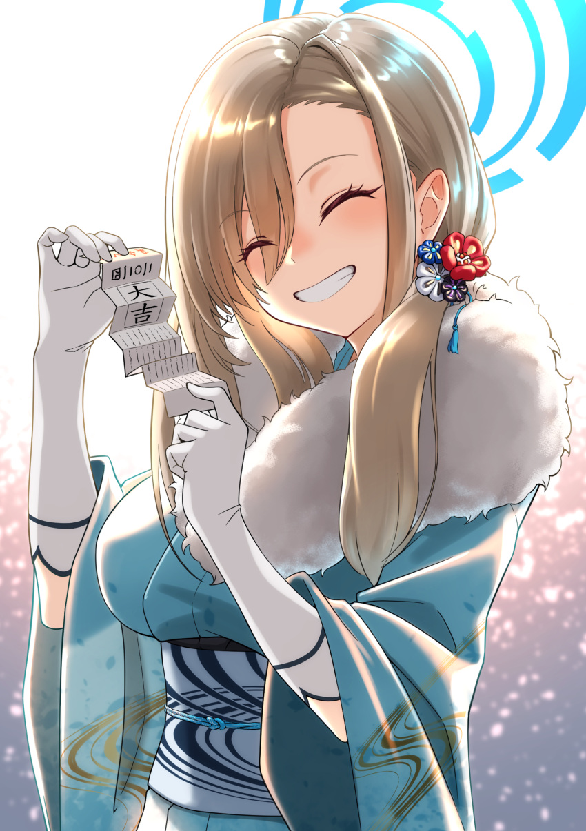 1girl ^_^ absurdres asuna_(blue_archive) blonde_hair blue_archive blue_kimono breasts closed_eyes commentary_request gloves grin head_tilt highres holding japanese_clothes kimono large_breasts long_hair long_sleeves obi sash sayu_mypace smile solo translation_request upper_body white_gloves wide_sleeves