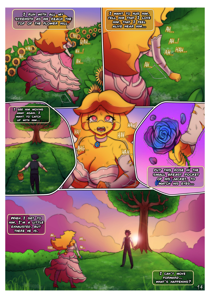 absurd_res animatronic anthro avian bird blonde_hair bodily_fluids chica_(cally3d) chica_(fnaf) chicken clothing dress duo female five_nights_at_freddy's flower fredina's_nightclub galliform gallus_(genus) hair hi_res human machine male male/female mammal phasianid plant robot rose_(flower) scottgames spot_caution sunflower tears tree yellow_body