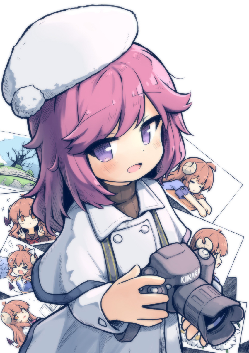 &gt;_&lt; 2girls beret blush brown_sweater camera coat commentary_request curled_horns demon_girl demon_horns demon_tail double_v hat highres holding holding_camera horns kareya long_sleeves looking_at_viewer machikado_mazoku multiple_girls open_mouth photo_(object) pink_hair purple_eyes red_hair school_uniform short_hair siblings simple_background sisters smile sweater tail turtleneck turtleneck_sweater v white_background white_coat white_headwear yoshida_ryouko yoshida_yuuko_(machikado_mazoku)