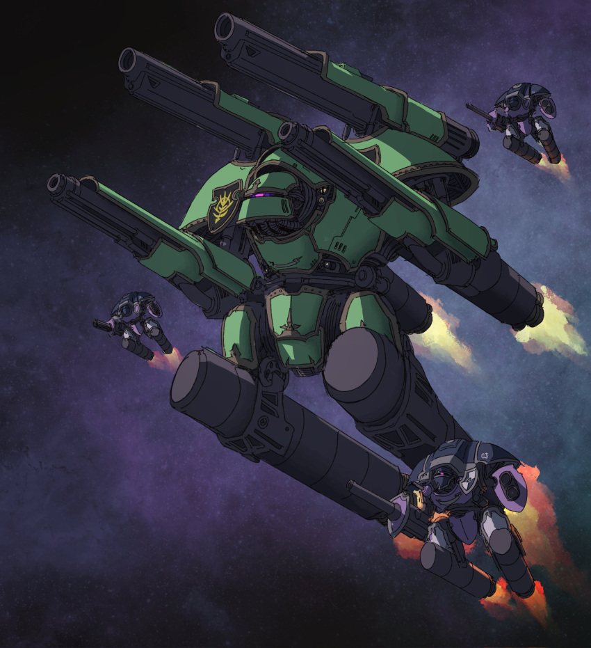 arm_cannon armor blue_armor cannon crest crossover cyclops fusion green_armor gun gundam highres imperial_knight jet_engine joints mecha mobile_suit_gundam nissetasss no_humans one-eyed purple_eyes redesign robot robot_joints rocket_engine science_fiction shoulder_cannon space titan_(warhammer_40k) warhammer_40k weapon zaku_ii zeon