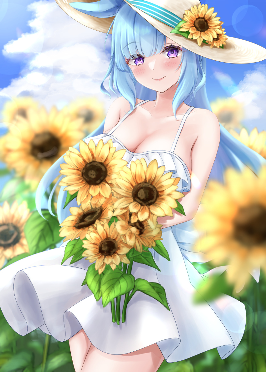 1girl absurdres alternate_costume animal_ears bare_shoulders blue_hair blurry blurry_background blush bouquet breasts commentary commentary_request dress field flower flower_field hat highres holding holding_bouquet horse_ears horse_girl large_breasts long_hair mejiro_ardan_(umamusume) open_mouth outdoors purple_eyes smile solo straw_hat sun_hat sundress sunflower sunflower_field taku_(312nismo1) umamusume upper_body white_dress