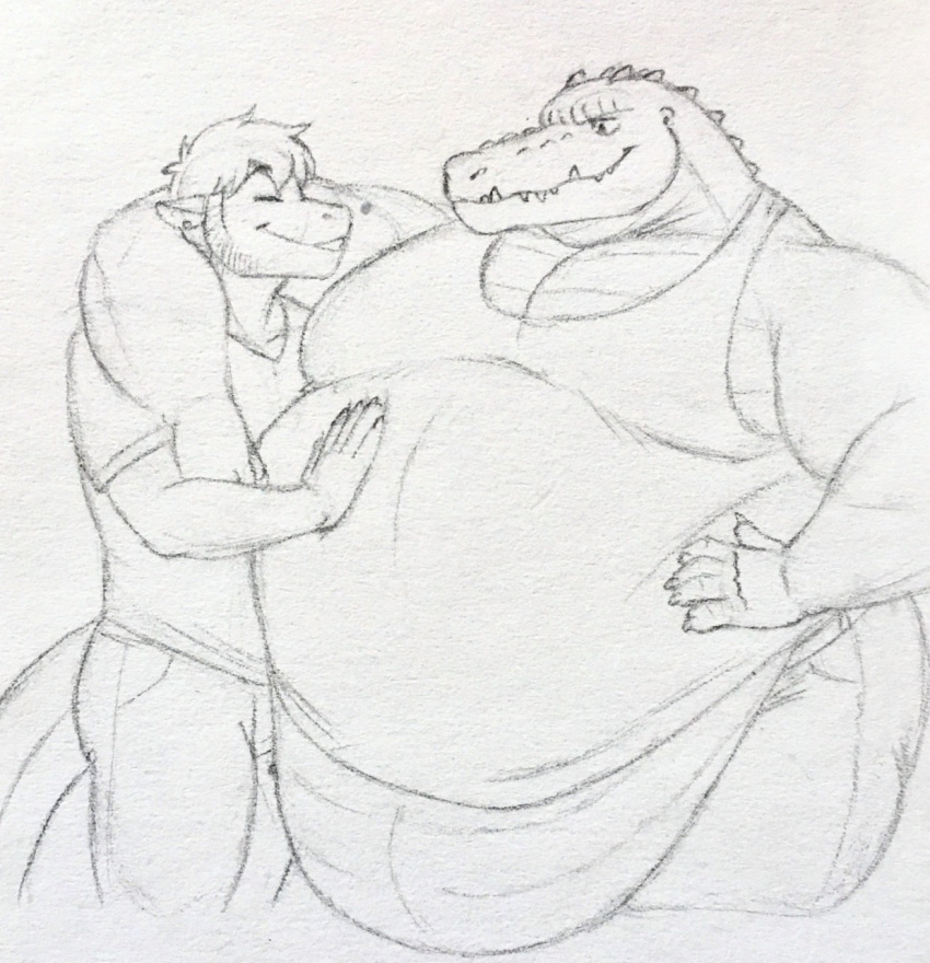anthro arm_around_partner belly belly_overhang belly_press big_belly clothing cody_(swatthefox) crocodile crocodilian crocodylid dragon duo embrace eon54 eyes_closed hand_on_hip hands_on_belly hi_res hug jagged_(eon54) leaning looking_at_another lying male male/male on_front overweight overweight_anthro overweight_male reptile scalie size_difference smaller_male smile soft_belly standing