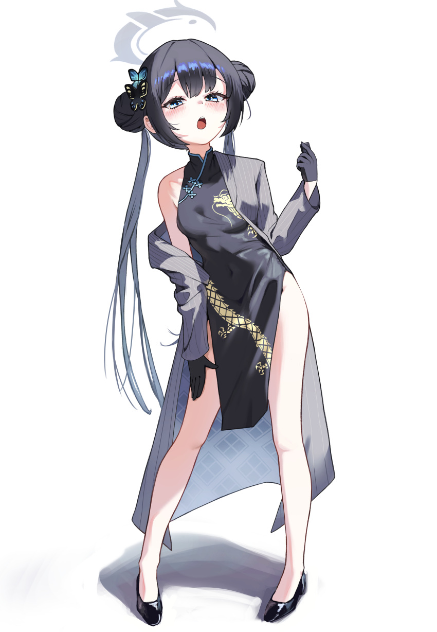 1girl absurdres black_dress black_footwear black_gloves black_hair blue_archive blue_eyes blush butterfly_hair_ornament coat double_bun dragon_print dress full_body gloves grey_coat grey_halo hair_bun hair_ornament halo highres kisaki_(blue_archive) long_hair long_sleeves looking_at_viewer open_clothes open_coat open_mouth shoes shortage2401 simple_background solo standing striped striped_coat twintails vertical-striped_coat vertical_stripes white_background