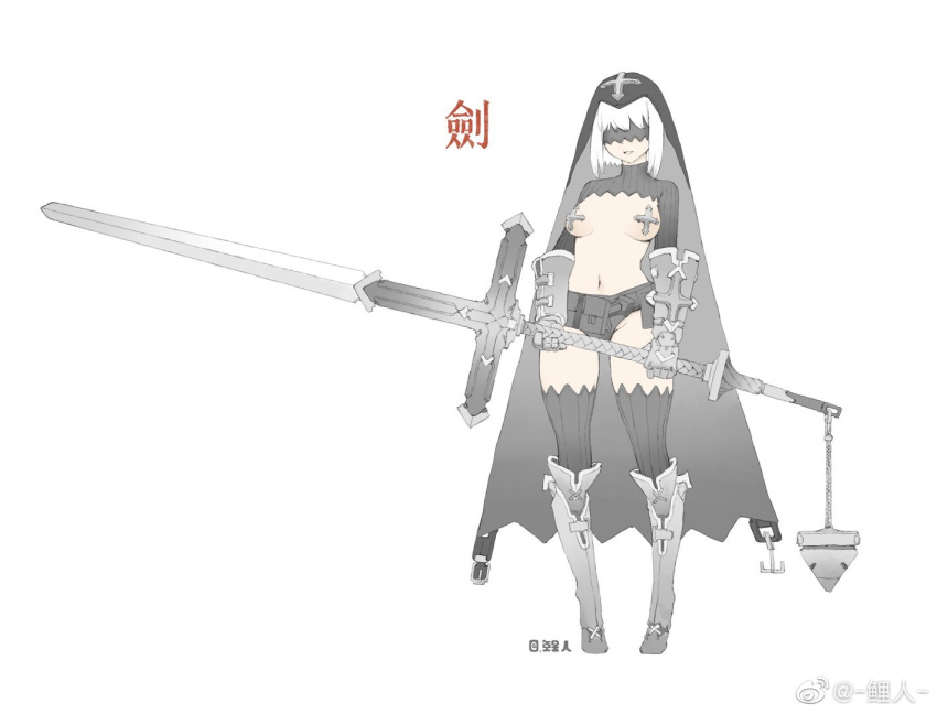 1girl arm_guards armor armored_boots black_blindfold black_headwear black_shorts black_shrug black_thighhighs blindfold boots breasts character_request chinese_commentary coif commentary_request copyright_request covered_eyes cross facing_viewer full_body gauntlets greek_cross grey_footwear groin holding holding_polearm holding_weapon huge_weapon knee_boots liren44 long_sleeves medium_breasts micro_shorts navel parted_lips polearm short_hair shorts shrug_(clothing) simple_background smile solo standing striped striped_thighhighs thighhighs turtleneck vertical-striped_thighhighs vertical_stripes weapon weibo_logo weibo_username white_background white_hair