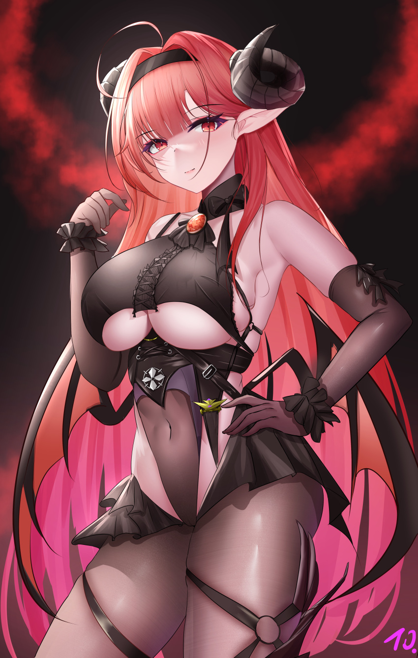 1girl absurdres ahoge ascot azur_lane bare_shoulders black_ascot black_bow black_hairband black_horns bow breasts closed_mouth covered_navel crop_top curled_horns elbow_gloves gloves hair_intakes hairband hand_on_own_hip highres hindenburg_(azur_lane) horns large_breasts long_hair low_wings nanoda002_(saber427) o-ring pantyhose pointy_ears red_brooch red_eyes red_hair underboob wings