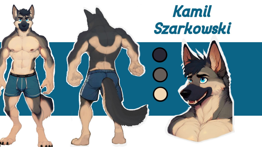 16:9 anthro athletic athletic_anthro athletic_male bottomwear canid canine canis clothing domestic_dog fur german_shepherd hair herding_dog hi_res kamil_szarkowski looking_at_viewer male mammal model_sheet pastoral_dog shorts simple_background smile solo standing tail text widescreen