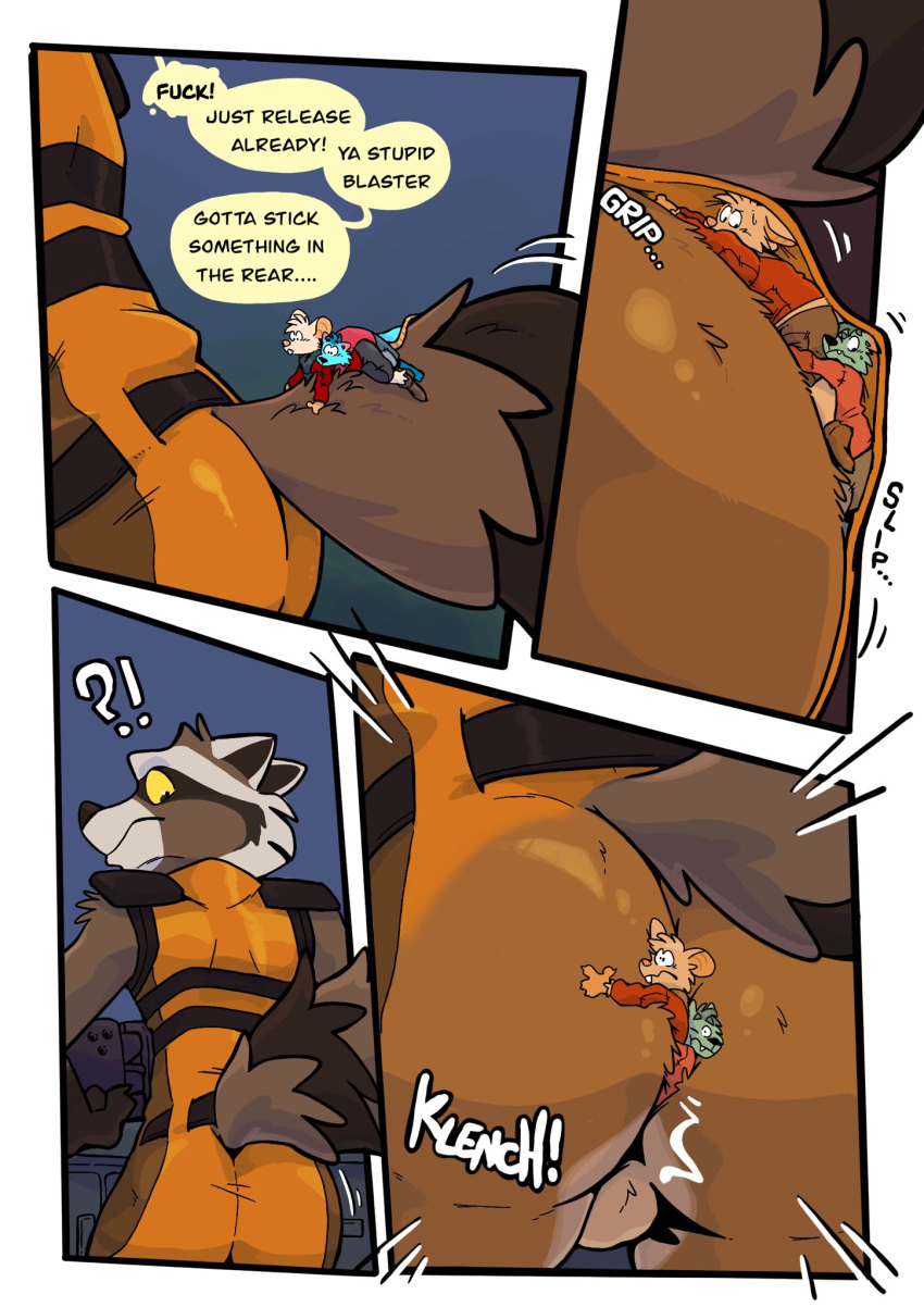 ?! ambiguous_gender anthro balls between_cheeks biped brown_body brown_fur butt clothing dialogue digital_media_(artwork) english_text extreme_size_difference fur genitals group guardians_of_the_galaxy hi_res inside_clothing larger_anthro larger_male male mammal marvel micro procyonid raccoon rocket_raccoon rodent size_difference skipperz smaller_ambiguous smaller_anthro sound_effects speech_bubble text trio