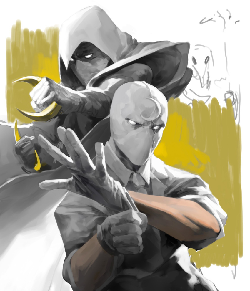 2boys bandages blank_eyes cape collared_shirt cowl crescent crescent_print doodle_inset dress_shirt facing_to_the_side facing_viewer forearms glove_pull gloves hieumay highres holding holding_weapon hood hood_up hooded_cape male_focus marvel marvel_cinematic_universe moon_knight moon_knight_(disney+) mr._knight multiple_boys necktie open_hand shirt sleeves_rolled_up superhero two-tone_background weapon white_background white_cape white_gloves white_mask white_shirt