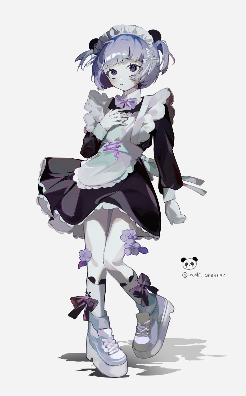 1girl absurdres animal_ears apron arm_at_side black_dress bow bow_legwear bowtie commentary dress fake_animal_ears flower frilled_apron frills frown full_body hand_on_own_chest highres looking_at_viewer maid maid_headdress original panda panda_ears purple_bow purple_bowtie purple_eyes purple_flower purple_hair shadow shoes simple_background sneakers socks solo symbol-only_commentary toasu twitter_username two_side_up white_apron white_background white_footwear white_socks