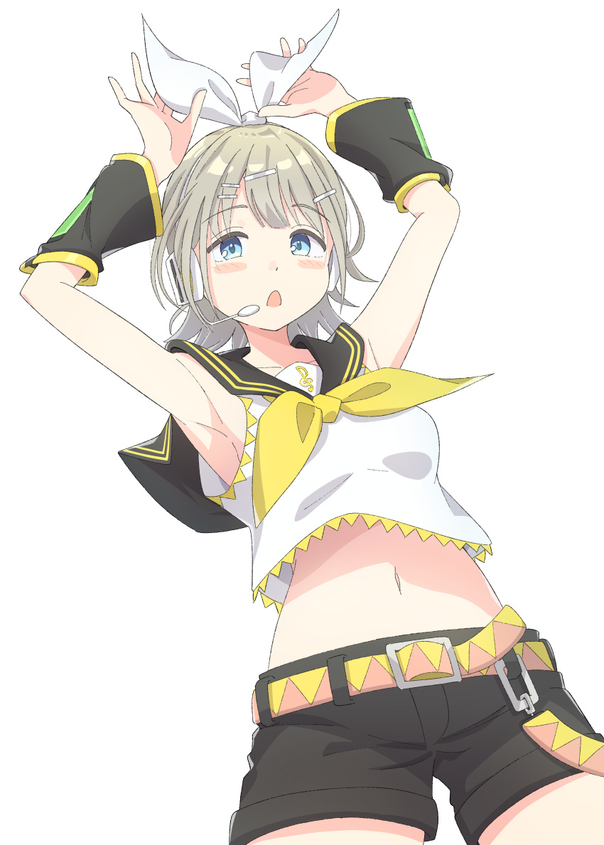 1girl absurdres armpits arms_up bare_shoulders black_sailor_collar black_shorts black_sleeves blue_eyes blush bow bowtie breasts chestnut_mouth collarbone cosplay cowboy_shot detached_sleeves dot_nose eitopondo from_above grey_hair hair_bow hair_ornament hair_ribbon hairclip headset highres idolmaster idolmaster_shiny_colors kagamine_rin kagamine_rin_(cosplay) looking_at_viewer looking_down midriff musical_note musical_note_print navel print_shirt ribbon sailor_collar serizawa_asahi shirt short_hair shorts simple_background sleeveless sleeveless_shirt small_breasts solo standing two-tone_belt vocaloid white_background white_ribbon white_shirt yellow_bow yellow_bowtie yellow_trim