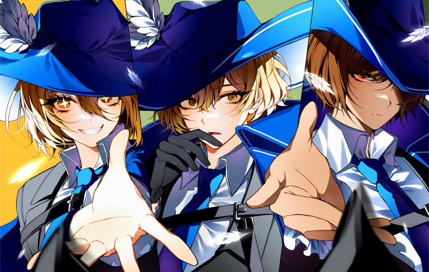 1boy 2girls absurdres black_jacket blonde_hair blue_cape blue_headwear blue_necktie brown_eyes brown_hair cape cavalier_hat cherry_oux chest_harness collared_shirt don_quixote_(project_moon) grin harness hat_feather highres jacket limbus_company long_sleeves multiple_girls necktie outis_(project_moon) parted_lips project_moon reaching reaching_towards_viewer shirt short_hair sinclair_(project_moon) smile sparkling_eyes sweat white_shirt wing_collar yellow_eyes