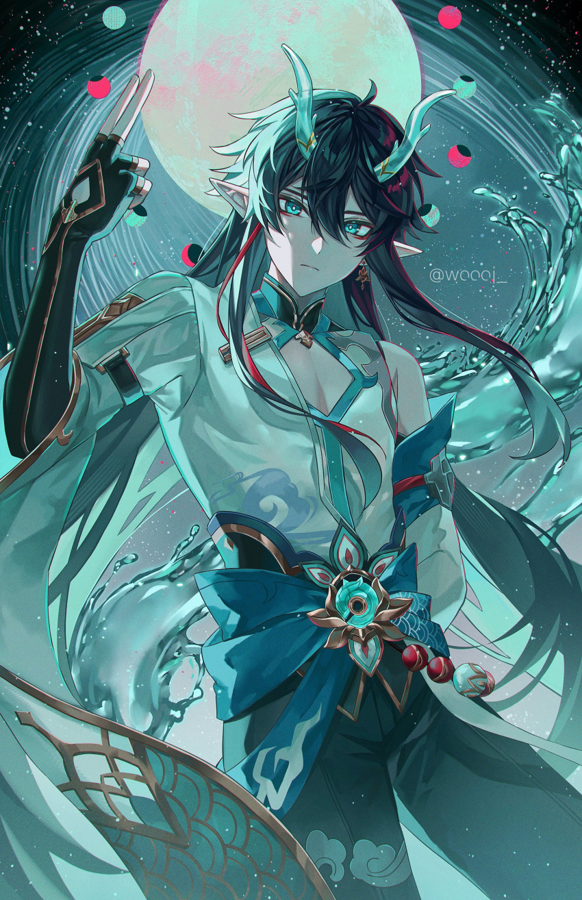 1boy absurdres aqua_background aqua_eyes aqua_gemstone aqua_horns arm_up arms_behind_back beads black_gloves black_hair black_pants brooch chromatic_aberration cleavage_cutout closed_mouth clothing_cutout collared_shirt cowboy_shot dan_heng_(honkai:_star_rail) dan_heng_(imbibitor_lunae)_(honkai:_star_rail) detached_sleeves earrings eyes_visible_through_hair fingerless_gloves frown gloves gradient_hair hashtag_only_commentary highres honkai:_star_rail honkai_(series) horn_ornament horns huge_moon hydrokinesis jacket jewelry kuji-in looking_at_viewer male_focus moon multicolored_hair pants pectoral_cleavage pectorals pointy_ears seigaiha shirt single_bare_shoulder single_detached_sleeve single_earring sleeveless sleeveless_shirt sleeves_past_elbows solo twitter_username waist_sash water white_jacket woooi