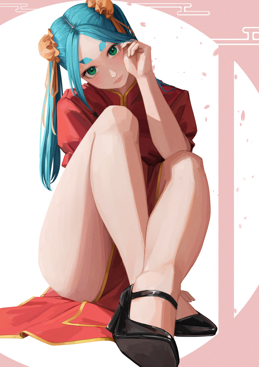 1girl absurdres alternate_costume aqua_hair black_footwear bun_cover china_dress chinese_clothes closed_mouth dress green_eyes highres knees_up looking_at_viewer monogatari_(series) nemo_ringo on_ground ononoki_yotsugi pelvic_curtain red_dress sitting solo thick_eyebrows twintails