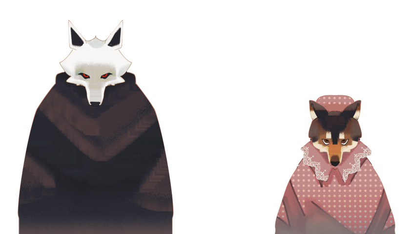 anthro big_bad_wolf_(shrek) brown_body brown_eyes brown_fur canid canine canis clothing death_(puss_in_boots) dreamworks duo fur gown hat headgear headwear hi_res looking_at_viewer male mammal nightgown poncho puss_in_boots_(dreamworks) red_eyes sanppa_popo simple_background standing white_background white_body white_fur wolf