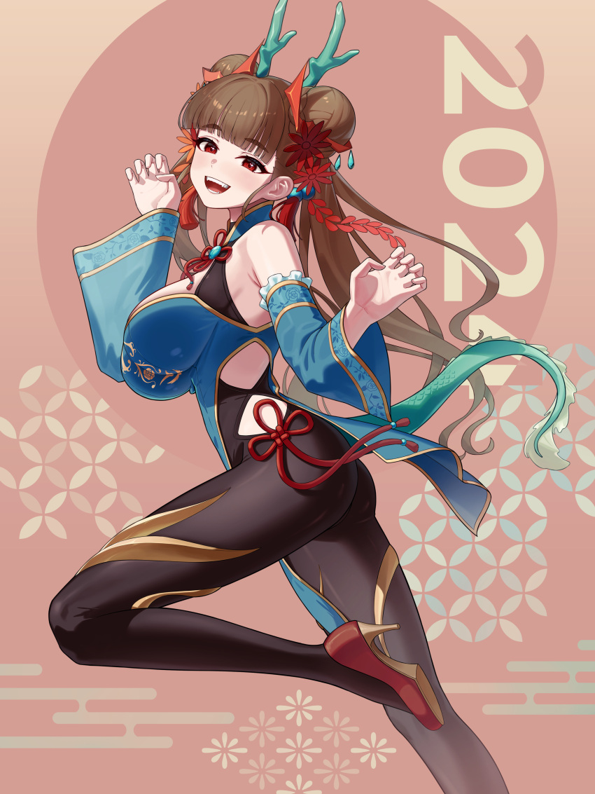 1girl 2024 absurdres ass bare_shoulders blush breasts brown_hair china_dress chinese_clothes claw_pose double_bun dragon_horns dragon_tail dress fangs green_dress hair_bun hair_ornament hear_(kpmf4732) high_heels highres horns idolmaster idolmaster_cinderella_girls kamiya_nao large_breasts leg_up long_hair looking_at_viewer pantyhose pelvic_curtain red_eyes smile solo tail thighs twintails