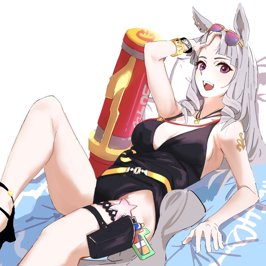 1girl adjusting_eyewear animal_ears bare_shoulders black_footwear blunt_bangs bracelet breasts cleavage cloud commentary_request ear_ornament feet gold_ship_(run_revolt_launcher)_(umamusume) gold_ship_(umamusume) grey_hair high_heels highres holster horse_ears horse_girl horse_tail jewelry knee_up large_breasts legs long_hair looking_over_eyewear nail_polish necklace official_alternate_costume official_alternate_hairstyle ponytail purple-tinted_eyewear sandals sky solo starfish strappy_heels sunglasses tail thigh_holster thigh_strap tinted_eyewear uki_kumo umamusume water_gun