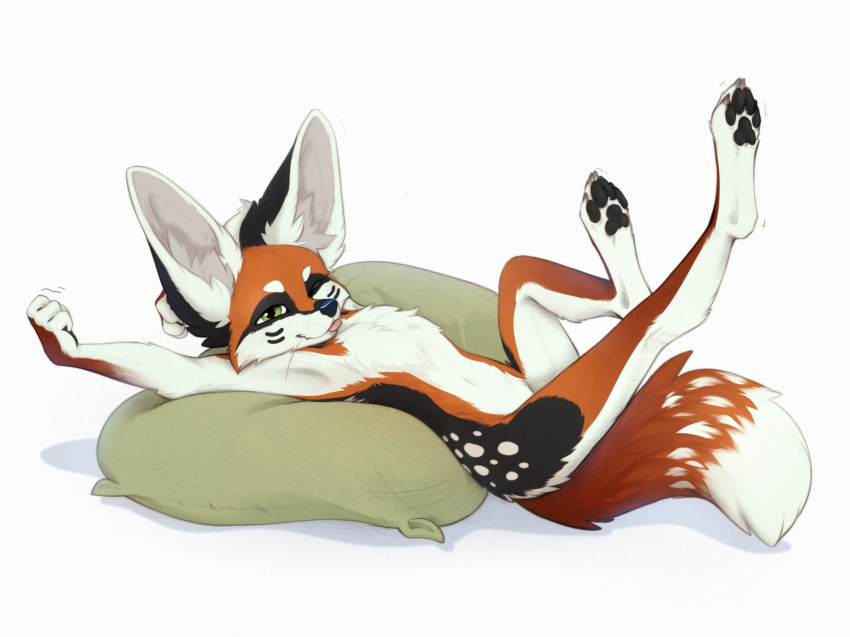 2024 anthro big_ears black_nose black_pawpads blep brown_body brown_fur canid canine digital_media_(artwork) feet_up fennec fox fur green_eyes hi_res inner_ear_fluff looking_at_viewer male mammal nude one_eye_closed orange_body orange_fur pawpads solo spots stretching tongue tongue_out tuft whiskers white_spots yshanii