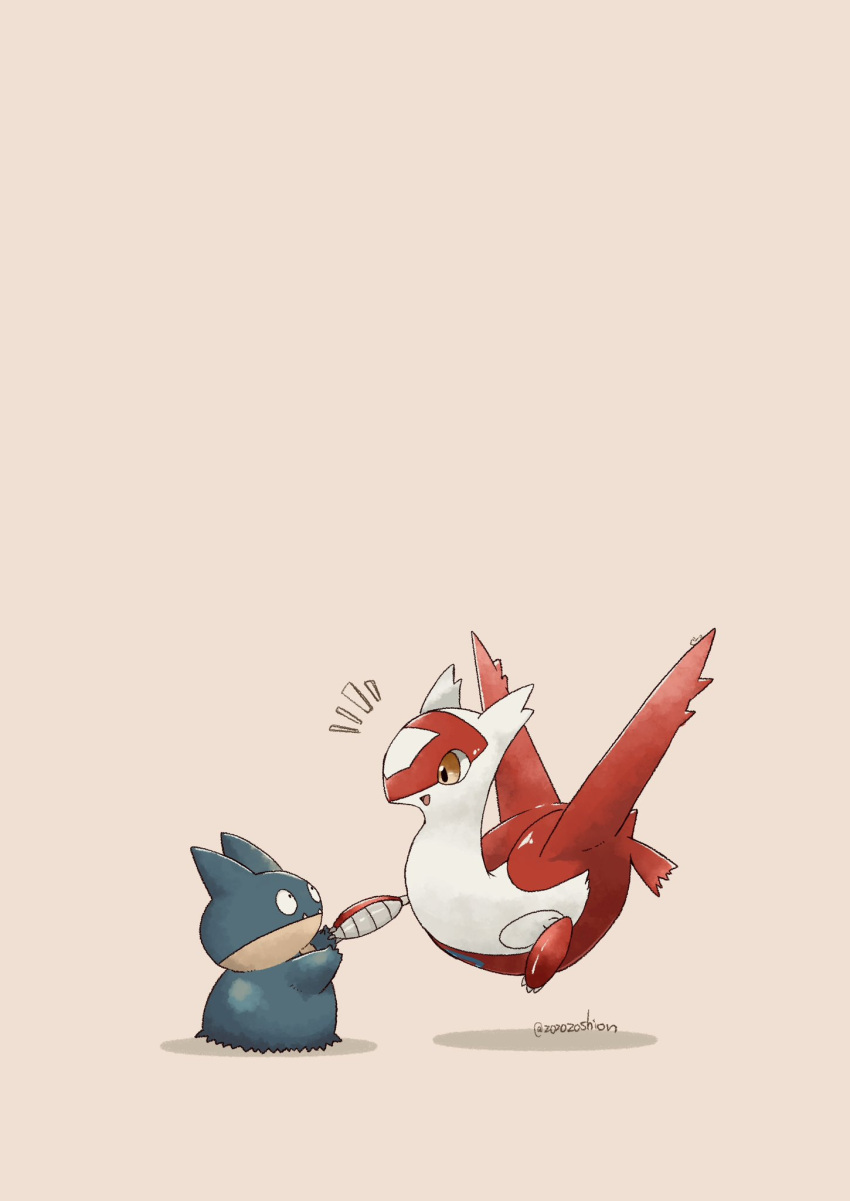 :d artist_name bird_tail closed_mouth colored_skin commentary_request fangs handshake highres latias multicolored_skin munchlax no_humans notice_lines open_mouth pokemon pokemon_(creature) red_skin shadow simple_background smile tail twitter_username two-tone_skin white_background white_skin wings yellow_eyes zozozoshion