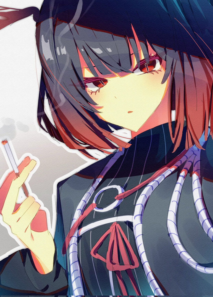 1girl black_coat black_dress black_hair blush cigarette coat dress e.g.o_(project_moon) gradient_hair hand_up highres holding holding_cigarette limbus_company long_sleeves looking_at_viewer mamono03 multicolored_hair parted_lips project_moon red_eyes red_hair red_ribbon ribbon ryoshu_(project_moon) short_hair smoke solo upper_body