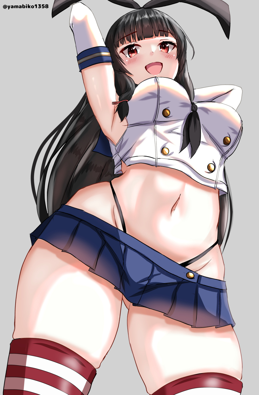 1girl absurdres animal_ears black_hair blunt_bangs breasts cosplay cowboy_shot elbow_gloves fake_animal_ears from_below gloves grey_background highres isokaze_(kancolle) kantai_collection long_hair looking_at_viewer looking_down microskirt midriff mizuki_(uzuki_no_sato) navel neckerchief shimakaze_(kancolle) shimakaze_(kancolle)_(cosplay) skirt smile solo thighs two-tone_thighhighs