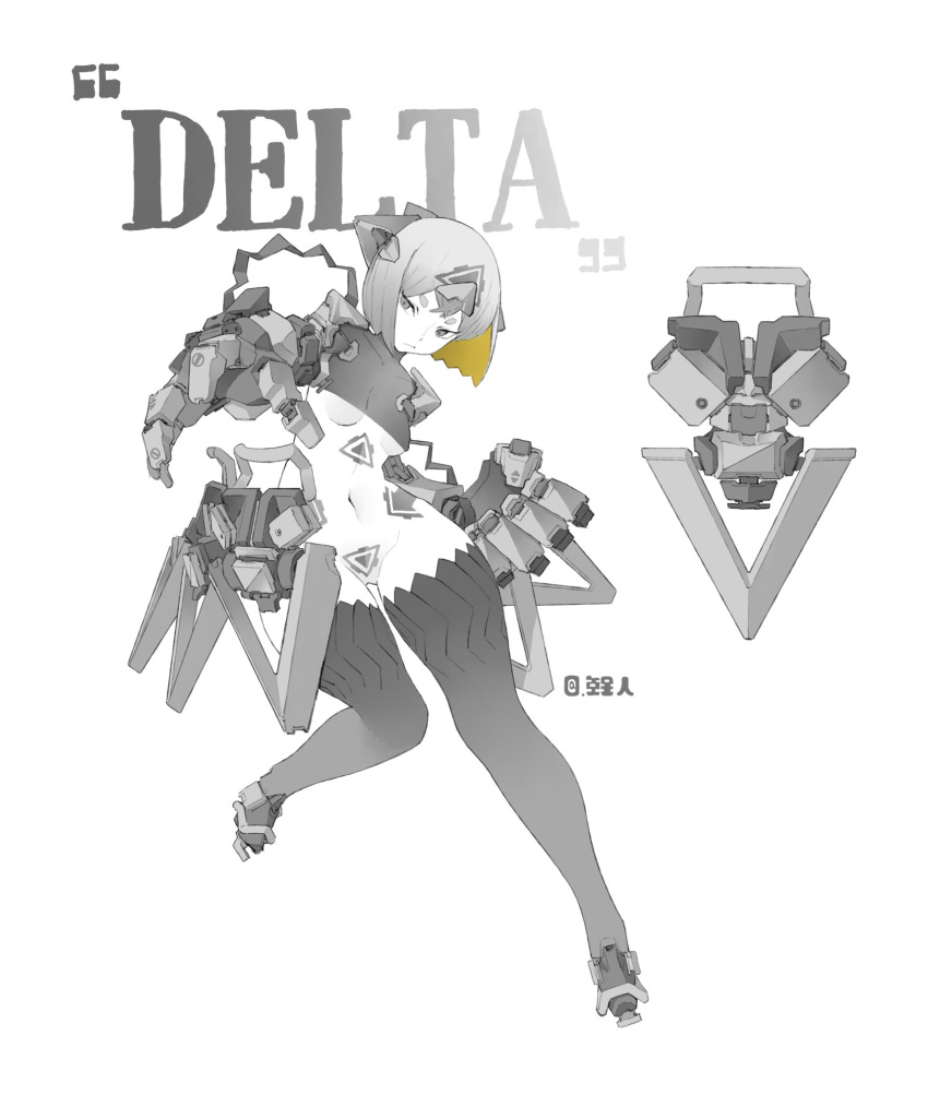 1girl armor arrow_(symbol) blonde_hair body_markings breasts closed_mouth colored_inner_hair crossed_bangs cyborg expressionless eyes_visible_through_hair full_body groin hand_up headgear highres liren44 looking_to_the_side machine mechanical_arms mechanical_legs metal monochrome multicolored_hair navel original outstretched_arm science_fiction short_hair shoulder_armor sideways_glance simple_background small_breasts solo spot_color stomach underboob