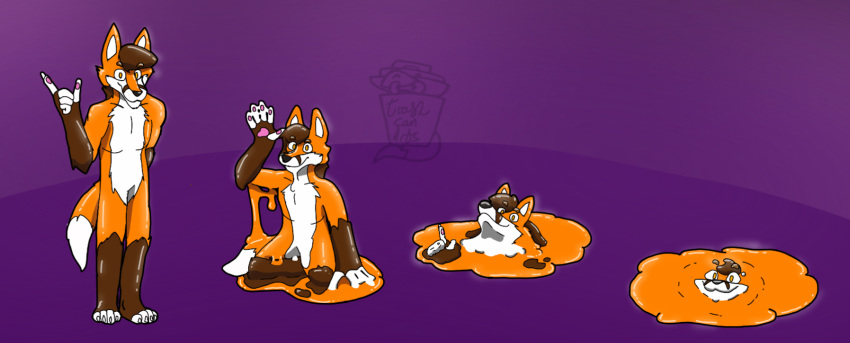 abstract_background anthro brown_hair canid canine dipstick_tail dripping fenn_(furry_trashcan) fox furry_trashcan_(artist) gesture glistening glistening_body goo_creature hair hi_res latex latex_creature living_latex looking_at_viewer male mammal markings melting orange_body pointing puddle sequence solo tail tail_markings watermark waving yellow_eyes