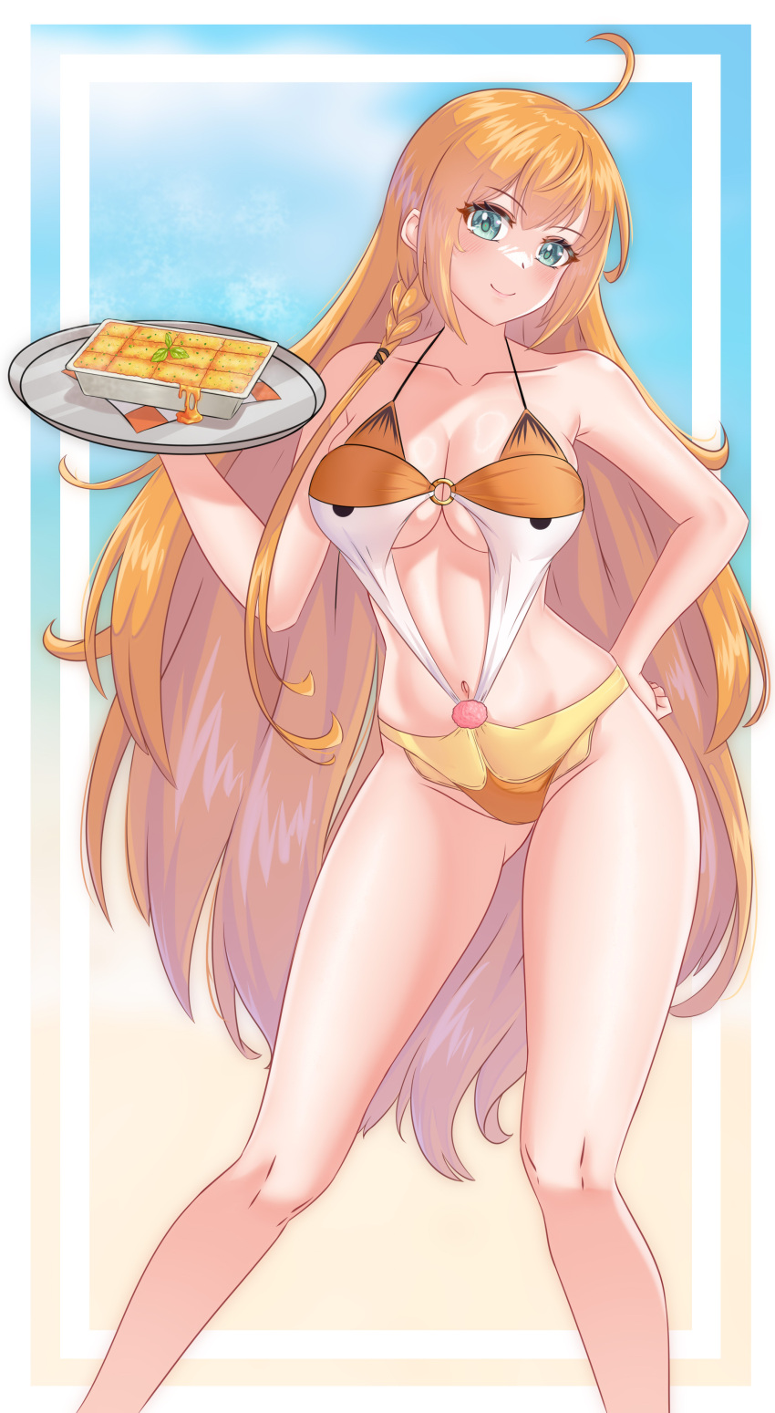 1girl absurdres ahoge alternate_costume bare_shoulders blue_eyes blue_sky braid breasts closed_mouth cloud collarbone commission corsairzero11 food hand_on_own_hip head_tilt highres holding holding_plate large_breasts long_hair looking_at_viewer navel one-piece_swimsuit orange_hair orange_one-piece_swimsuit pecorine_(princess_connect!) plate princess_connect! side_braid sky solo swimsuit two-tone_one-piece_swimsuit very_long_hair white_one-piece_swimsuit