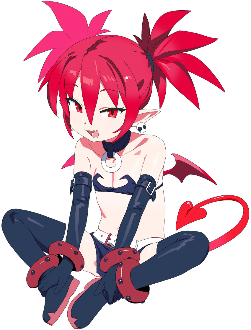 1girl absurdres belt black_choker black_footwear black_gloves black_thighhighs boots choker demon_girl demon_tail disgaea earrings elbow_gloves etna_(disgaea) fang flat_chest gloves highres jewelry jiryu50610218 looking_at_viewer open_mouth pointy_ears red_eyes red_hair red_tail red_wings simple_background sitting skull_earrings solo tail thighhighs twintails white_background white_belt wings