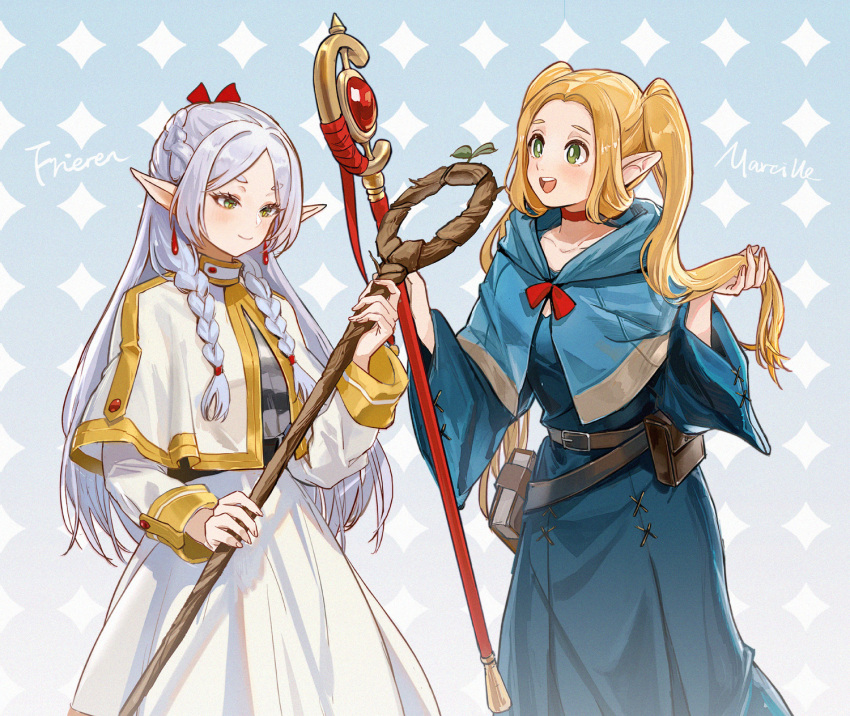 2girls achyue alternate_hairstyle belt_pouch blonde_hair braid capelet character_name choker crossover dress dungeon_meshi earrings elf frieren green_eyes hairstyle_switch highres hood hood_down jewelry mage_staff marcille_donato multiple_girls open_mouth pointy_ears pouch season_connection smile sousou_no_frieren twin_braids twintails white_hair