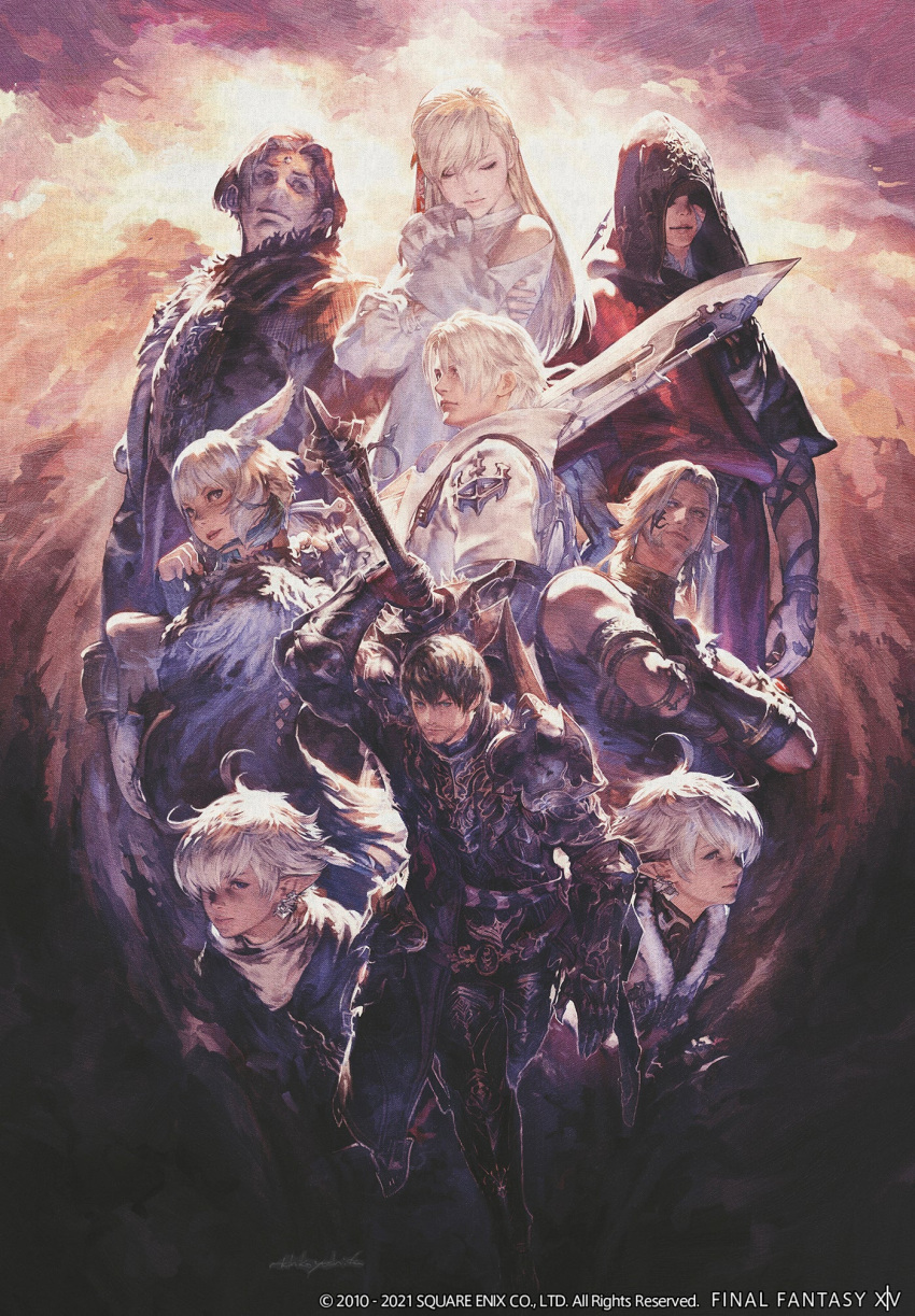 3girls 6+boys adventurer_(ff14) ahoge alisaie_leveilleur alphinaud_leveilleur arm_up armor artist_name black_coat black_hair black_robe blonde_hair blue_eyes breastplate closed_eyes coat copyright_name copyright_notice covered_eyes crossed_arms crystal_exarch dark_knight_(final_fantasy) dress earrings elezen elf emet-selch facial_tattoo faulds feather_hair_ornament feathers final_fantasy final_fantasy_xiv g'raha_tia garlean gauntlets greatsword greaves grey_hair gunblade gunbreaker_(final_fantasy) hair_ornament hair_over_one_eye hand_up highres holding holding_sword holding_weapon hood hood_up hooded_robe hyur jewelry long_hair miqo'te multicolored_hair multiple_boys multiple_girls official_art over_shoulder pauldrons pointy_ears poster_(medium) robe ryne_waters shaded_face short_hair shoulder_armor signature swept_bangs sword tattoo thancred_waters two-tone_hair upper_body urianger_augurelt warrior_of_light_(ff14) weapon weapon_over_shoulder white_dress white_hair y'shtola_rhul yoshida_akihiko