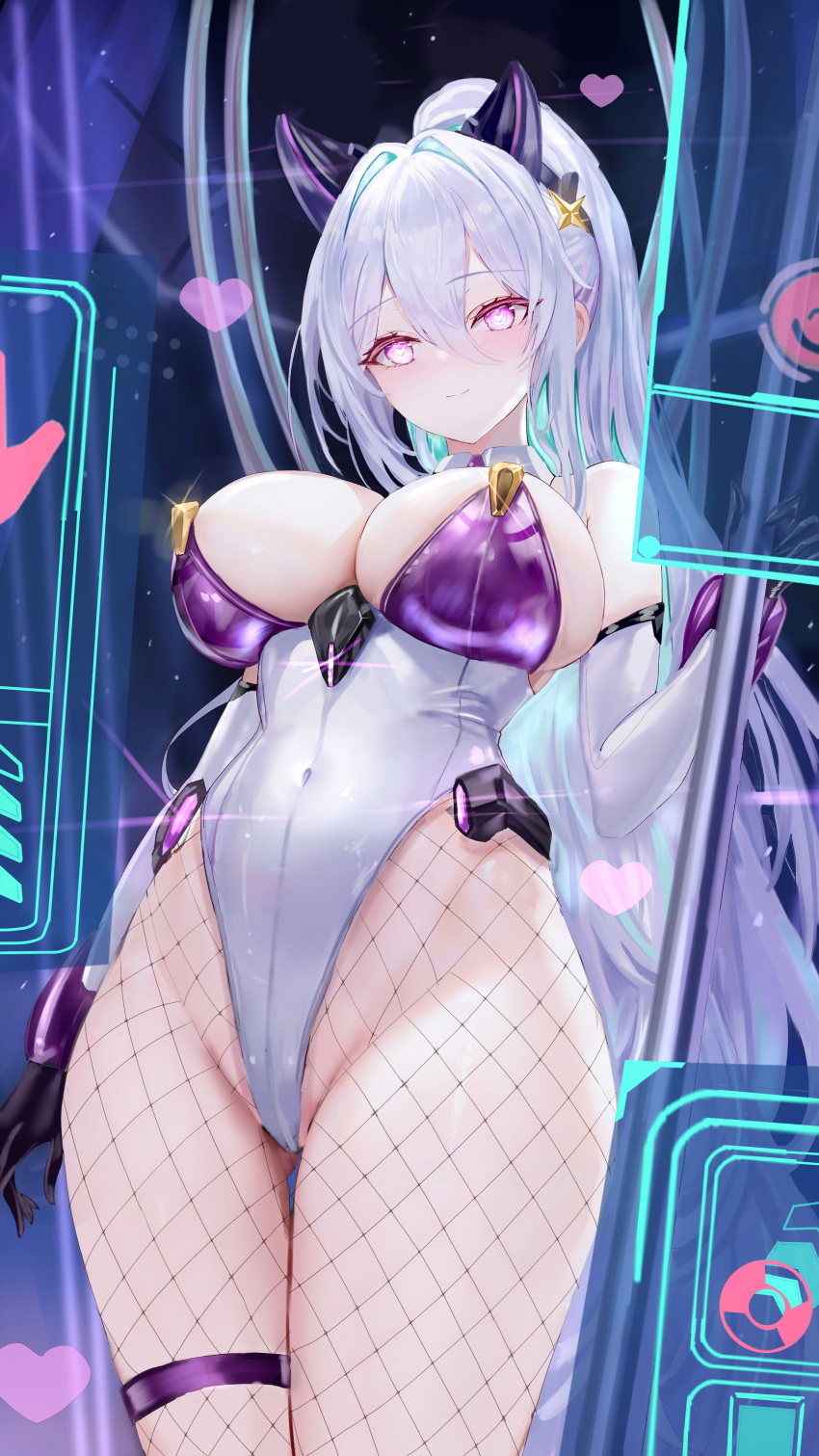 1girl absurdres age_fx animal_ears azur_lane black_gloves breasts cat_ears commentary_request covered_navel detached_collar detached_sleeves fake_animal_ears fishnet_pantyhose fishnets framed_breasts from_below gameplay_mechanics gloves heart heart-shaped_pupils high-waist_pantyhose highleg highleg_leotard highres holding holding_pole holographic_interface kearsarge_(all_night_charge)_(azur_lane) kearsarge_(azur_lane) large_breasts leotard long_hair multicolored_leotard official_alternate_costume pantyhose playboy_bunny pole purple_eyes purple_leotard solo strapless strapless_leotard stripper_pole symbol-shaped_pupils thigh_strap undersized_breast_cup very_long_hair white_hair white_leotard