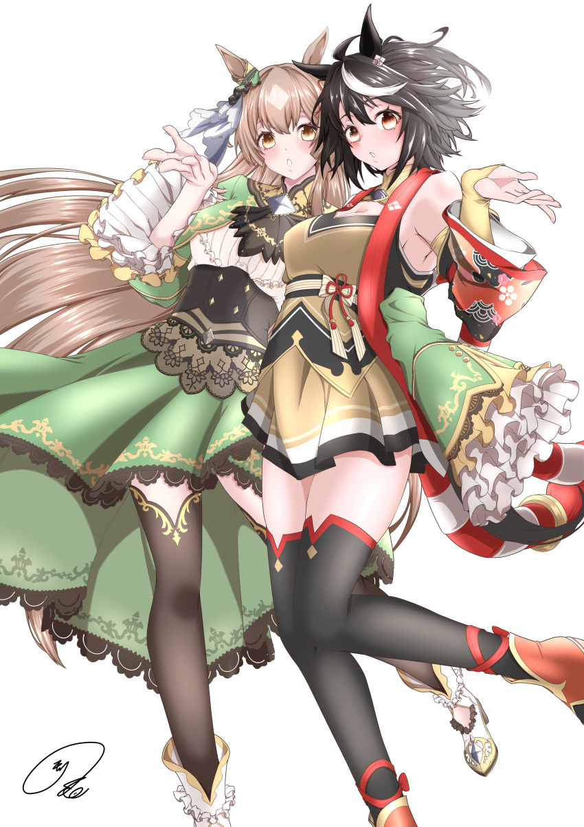 2girls :d absurdres ahoge animal_ears ankle_boots ascot bare_shoulders black_hair black_thighhighs bob_cut boots bow_skirt braid brown_ascot brown_eyes brown_hair brown_skirt commentary_request corset cropped_jacket detached_sleeves dutch_angle ear_ornament flower flower_ornament french_braid frilled_footwear frilled_shirt frilled_sleeves frills full_body green_jacket green_skirt hair_flower hair_ornament high-low_skirt highres horse_ears horse_girl horse_tail jacket kitasan_black_(umamusume) kouhaku_nawa long_hair long_skirt long_sleeves looking_at_viewer maximum7010 multicolored_hair multiple_girls pleated_skirt red_eyes red_footwear red_ribbon ribbon rope satono_diamond_(umamusume) shimenawa shirt signature simple_background skirt sleeves_past_fingers sleeves_past_wrists smile streaked_hair tail thighhighs two-tone_hair umamusume underbust white_background white_footwear white_hair white_shirt