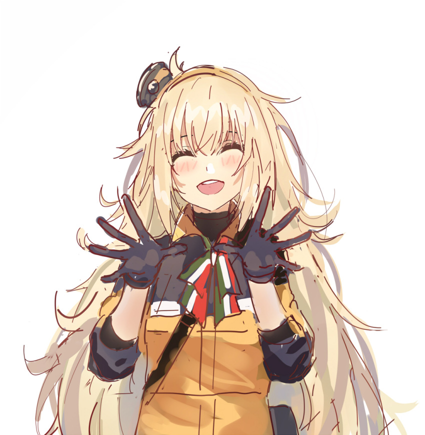 1girl black_gloves blonde_hair blush cardigan closed_eyes echj girls'_frontline gloves hair_between_eyes hair_ornament hairband italian_flag italian_flag_print jacket long_hair looking_at_viewer messy_hair open_mouth orange_cardigan orange_hairband ribbon s.a.t.8_(girls'_frontline) simple_background smile solo teeth too_much_fluff upper_body upper_teeth_only very_long_hair waving white_background