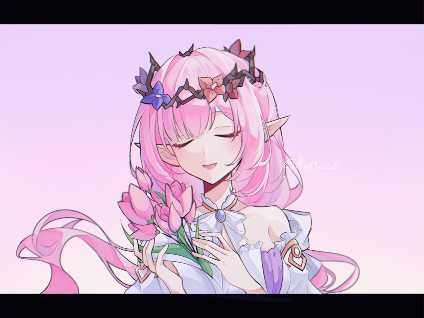 1girl :d bare_shoulders bouquet bow breasts brooch brown_flower closed_eyes commentary dress elysia_(honkai_impact) facing_viewer floating_hair flower hai_(ka21e_2) hands_up highres holding holding_bouquet honkai_(series) honkai_impact_3rd jewelry letterboxed long_hair medium_breasts pink_background pink_flower pink_hair pointy_ears purple_flower simple_background smile solo thorns twitter_username upper_body white_bow white_dress