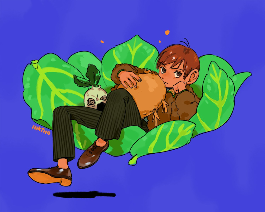 1boy black_pants blue_background brown_eyes brown_footwear brown_hair brown_sweater chilchuck_tims closed_mouth dress_shoes dungeon_meshi highres katy_ho lettuce long_sleeves looking_at_viewer male_focus mandrake pants pinstripe_pants pinstripe_pattern solo striped sweater