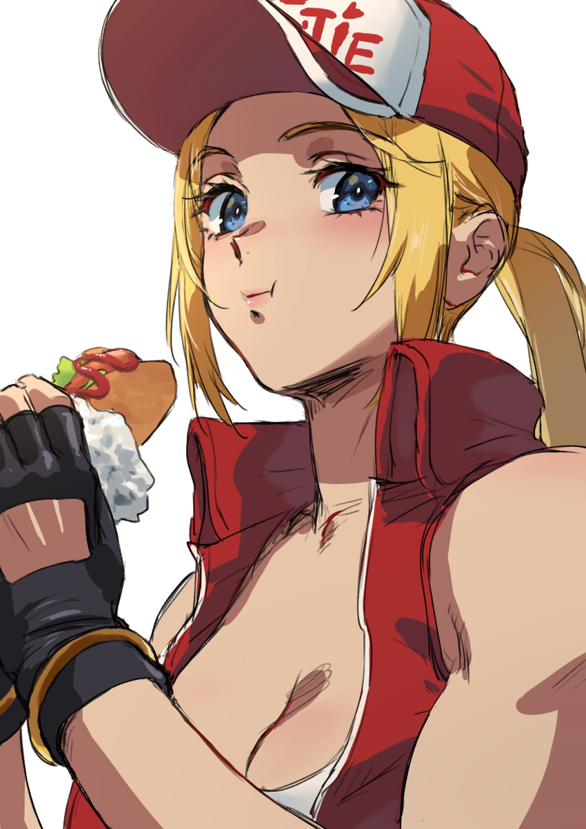 1girl bare_shoulders baseball_cap beniazumaru blonde_hair blue_eyes bread breasts cleavage eating fatal_fury fatal_fury_cap fingerless_gloves food genderswap genderswap_(mtf) gloves hat highres holding holding_food hot_dog hot_dog_bun ketchup large_breasts lettuce long_hair looking_at_viewer mustard ponytail red_vest sausage simple_background snk snk_heroines:_tag_team_frenzy solo tank_top terry_bogard the_king_of_fighters vest