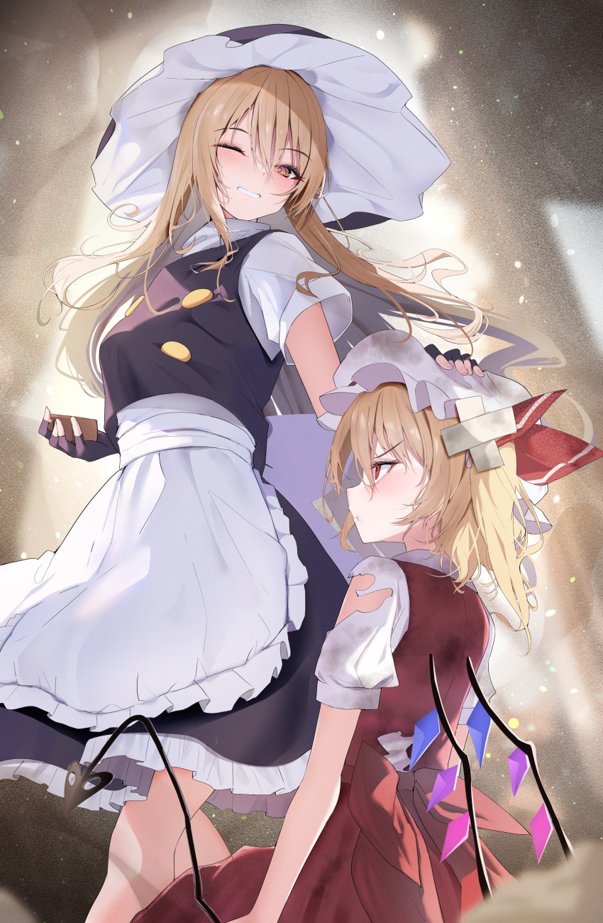 258n 2girls absurdres apron black_gloves black_headwear black_skirt black_vest blonde_hair blush closed_mouth dress flandre_scarlet frilled_dress frills gloves grin hair_between_eyes hat highres kirisame_marisa long_hair mob_cap multiple_girls one_eye_closed one_side_up red_eyes red_skirt red_vest short_sleeves skirt smile touhou vest waist_apron white_apron white_headwear witch_hat yellow_eyes