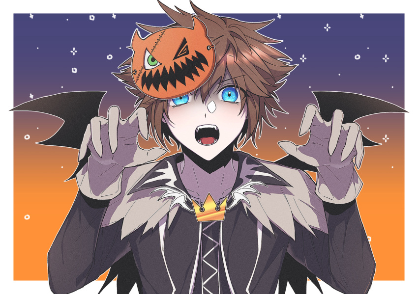 1boy bat_wings black_jacket blue_eyes border brown_hair claw_pose fangs food-themed_hair_ornament gloves gongju_s2 gradient_background green_eyes hair_ornament halloween highres jacket kingdom_hearts kingdom_hearts_i kingdom_hearts_ii looking_at_viewer open_mouth portrait pumpkin_hair_ornament solo sora_(kingdom_hearts) spiked_hair the_nightmare_before_christmas white_border white_gloves wings