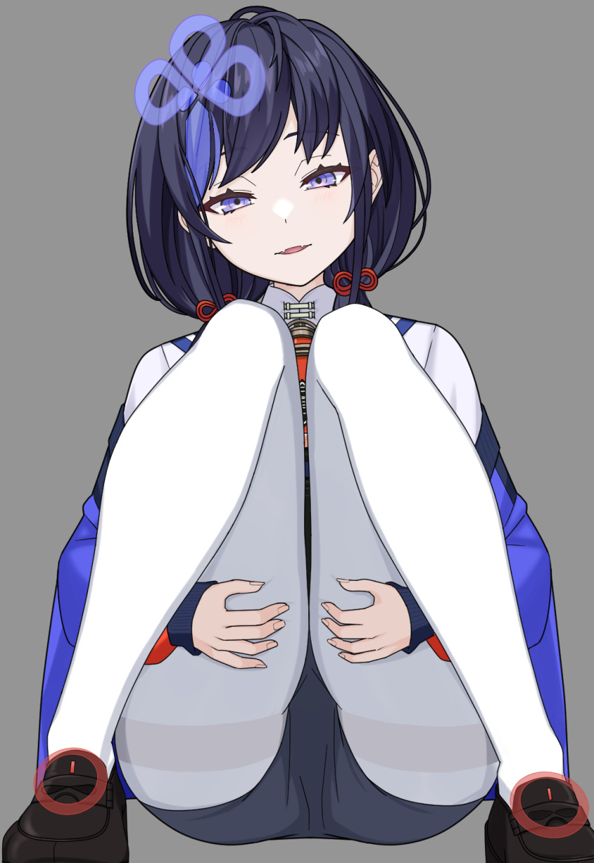 1girl black_hair blue_eyes blue_jacket blue_sailor_collar brown_footwear fangs grabbing_own_thigh grey_shorts hair_ornament highres jacket loafers long_hair long_sleeves looking_at_viewer low_twintails m_legs nijisanji off_shoulder palenitre pantyhose parted_lips ponto_nei sailor_collar shirt shoes short_shorts shorts simple_background sitting solo thighband_pantyhose thighs twintails virtual_youtuber white_pantyhose white_shirt